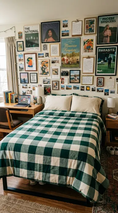26 Dorm Bed Inspo Maximalist Gallery Wall Twin XL Style 13 13. The Bold Pattern Comforter Anchor — Single Strong Print Strategy