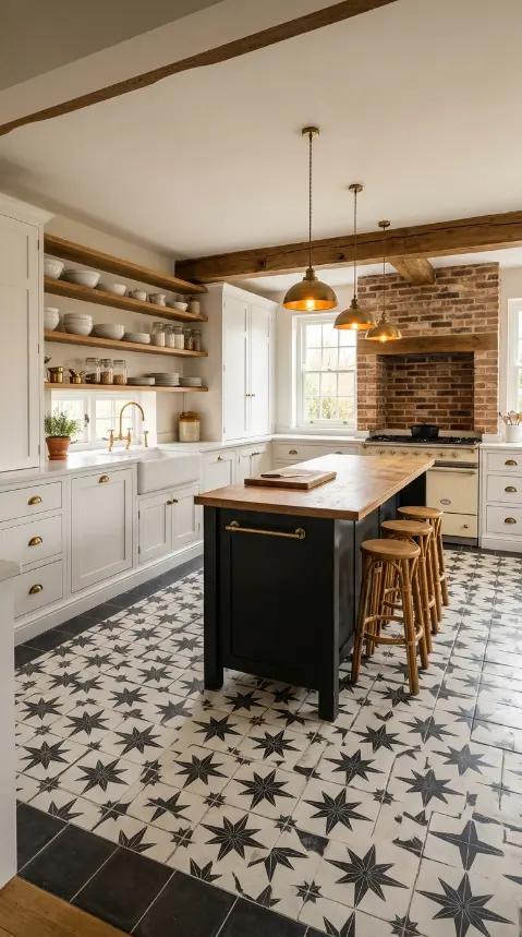 26 Kitchen Flooring Ideas for Farmhouse Black White Encaustic 13 13. The Complete Farmhouse Kitchen — Encaustic Floor and Every Element
