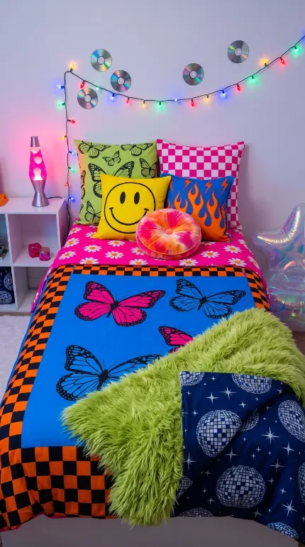 13 Dorm Bed Inspo Y2K Retro Colorful Bold Twin XL Style 13 13. The Complete Y2K Retro Twin XL Bed — Every Pattern Together