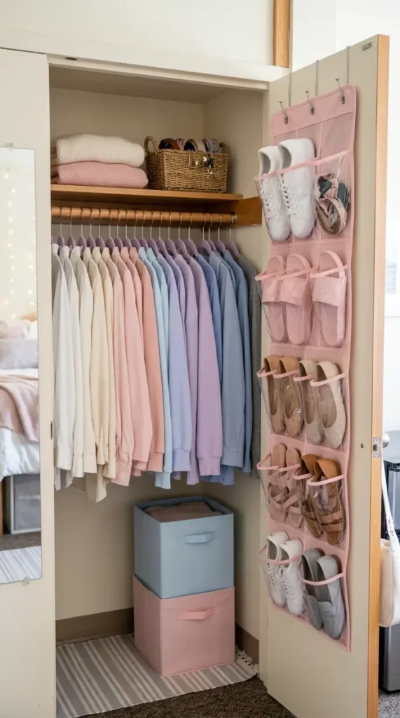 24 College Bedroom Ideas Pastel Girly Aesthetic Dreamy Style 13 13. The Pastel Closet Organization with Color-Coded Hangers — Wardrobe Dream Corner