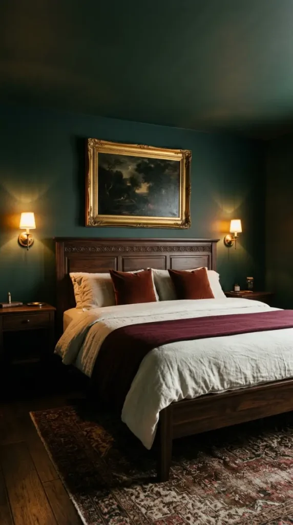 18 Vintage Bedroom Ideas Dark Brown Wood Moody Decor 13 13. Use Dark Forest Green Walls Instead of Brown for a Moody Alternative