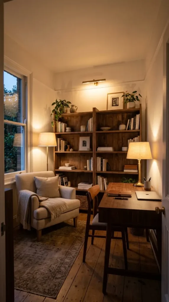 26 Cozy Home Office Warm Wood Linen Neutral Style Ideas 13 13. Warm Recessed or Picture-Rail Lighting Instead of Overhead Fluorescent
