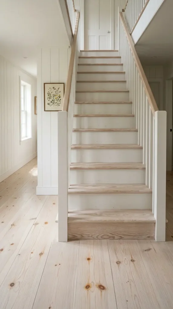 27 Light Wood Flooring for Farmhouse Whitewashed Pine Style 13 13. Whitewashed Pine Staircase — Continuous with Floor