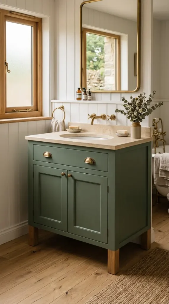 26 Light Wood Flooring for Farmhouse Wire-Brushed Oak Bath 13 13. Wire-Brushed Oak Floor With Sage Green Painted Vanity