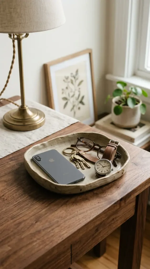 26 Cozy Home Office Warm Wood Linen Neutral Style Ideas 14 14. A Ceramic Catch-All Tray for Daily Small Objects