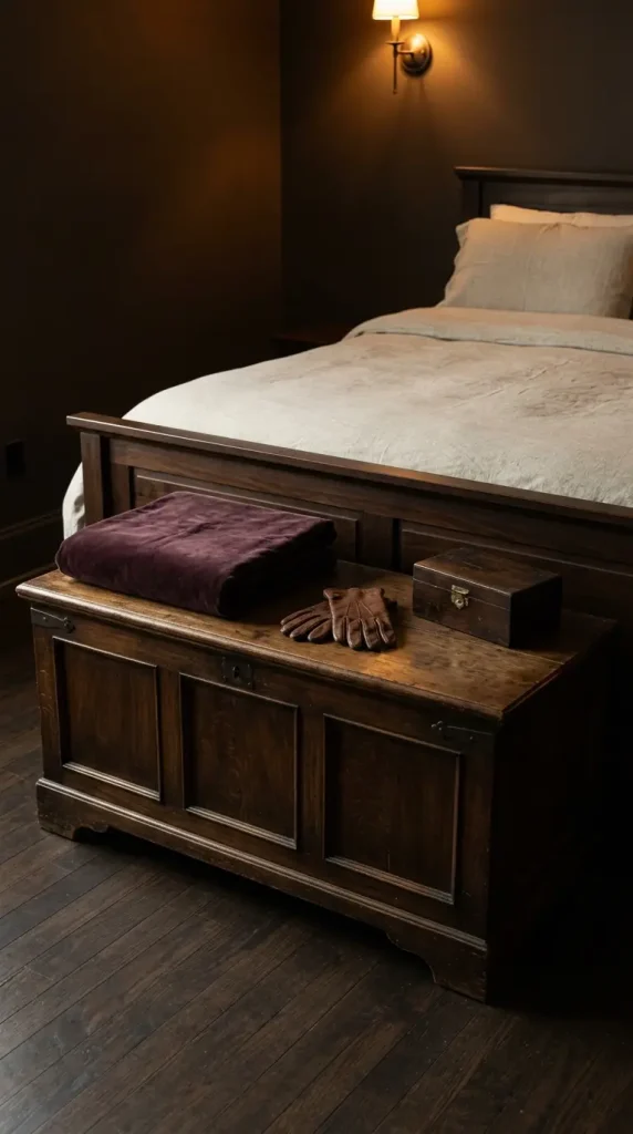 18 Vintage Bedroom Ideas Dark Brown Wood Moody Decor 14 14. Add a Vintage Dark Wood Chest at the Foot of the Bed