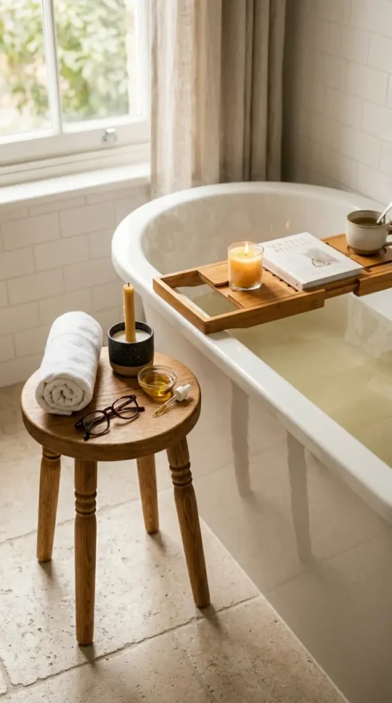 16 Rustic Bathtub Tray Ideas for a Spa Style Bamboo Tub 14 14. Bamboo Tray Paired With a Wooden Bath Caddy Stool