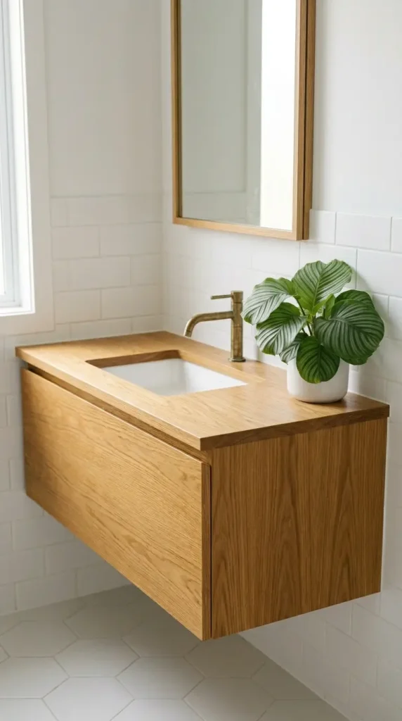 28 Minimal Bathroom Plants Decor Inspiration Oak White Style 14 14. Bathroom Plant in White Ceramic — Oak Vanity Corner Detail