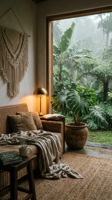 17 Indoor Outdoor Living Boho Macramé Jungle Garden View 14 14. Boho Indoor Outdoor Space in Morning Mist and Rain