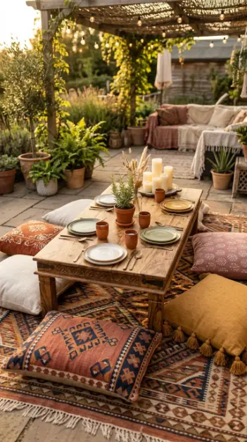 28 Outdoor Patio Ideas for a Boho Layered Living Room 14 14. Boho Outdoor Dining — Low Seating and Floor Cushions