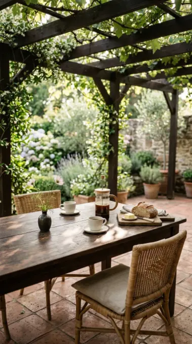 26 Outdoor Patio Ideas With a Cozy Pergola Dining Setup 14 14. Breakfast Beneath the Pergola — Morning Light