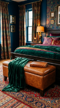 18 Bedroom Aesthetic Dark Moody Maximalist Jewel Tones 14 14. Bring in Cognac Leather as an Accent Material
