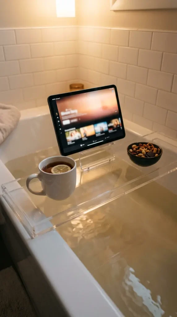 20 Bathtub Tray Clear Acrylic Modern Minimal Floating Look 14 14. Clear Acrylic Tray With a Tablet for Watching in the Bath