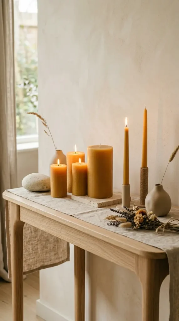 16 Console Table Styling Curved Soft Beige Rope Knot 14 14. Console Styling With a Natural Beeswax Candle Collection
