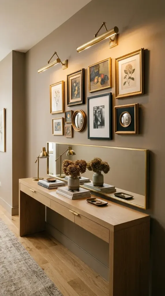 18 Console Table Decor Maximalist Gallery Wall Picture Lights 14 14. Console with Console-Length Mirror Strip and Layered Smaller Art