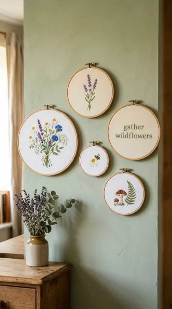 32 Cute Room Ideas for a Dreamy Cottagecore Bedroom 14 14. Cottagecore Embroidered Hoop Art on the Wall