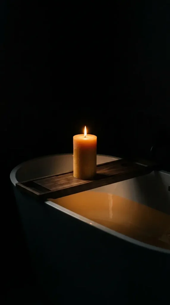 15 Bath Tub Decor Ideas Dark Moody Candlelit Night Soak 14 14. Create a Dark Moody Night Soak With a Single Pillar Candle on the Bath Tray and Complete Darkness 1