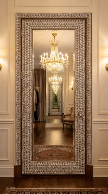 16 Bedazzled Mirror Vanity Crystal Old Hollywood Glam Decor 14 14. Crystal Bedazzled Mirror Set Within a Mirrored Closet Door