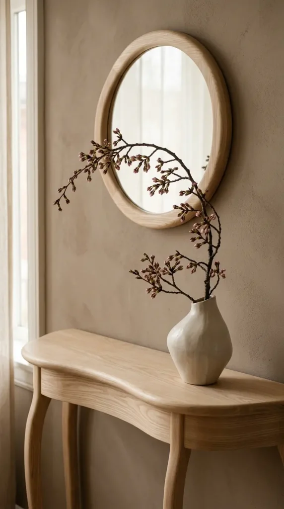 17 Flower Aesthetic Home Decor Entryway Console Quiet Luxury 14 14. Curved Console With a Sculptural Vase and a Bare Branch of Cherry Blossom Buds