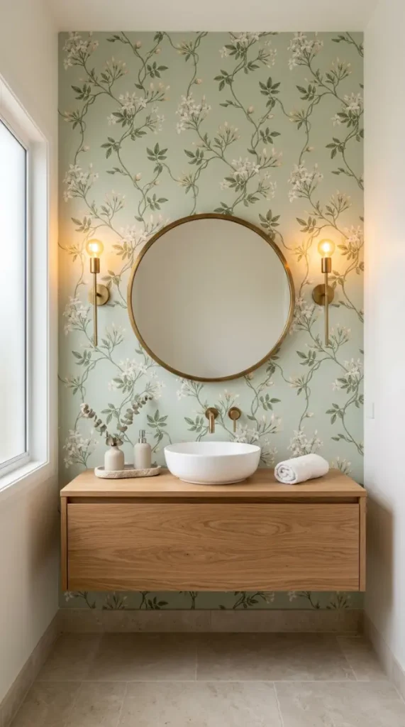 15 Vibrant Floral Wallpaper Accent Wall Room Decor 14 14. Delicate Trailing Jasmine Floral Accent Wall in the Bathroom — White and Green on Sage
