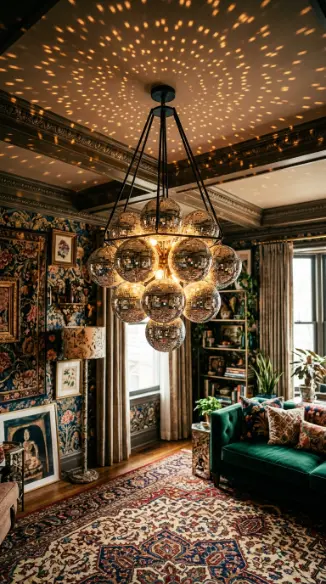 20 Bedazzled Mirror Disco Ball Living Room Maximalist Wall 14 14. Disco Ball Chandelier Made of Clustered Small Mirrored Spheres