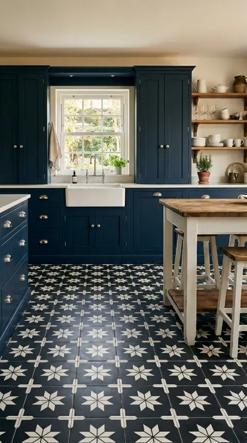 26 Kitchen Flooring Ideas for Farmhouse Black White Encaustic 14 14. Encaustic Floor With Navy Blue Cabinets and Polished Nickel