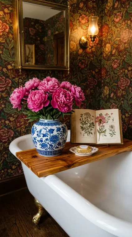 18 Bathtub Caddy Vintage Clawfoot Rustic Wood Floral Brass 14 14. Floral Wallpaper Bathroom Clawfoot Caddy Styled With Peony and China