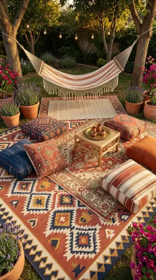 22 Outdoor Furniture Layout Ideas Boho Garden Hammock 14 14. Hammock Zone with Outdoor Rug Gallery — Multiple Rugs Layered