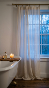 18 Romantic Bathtub Caddy Decor Ideas Rose Petal Candlelight 14 14. Hang a Sheer Curtain Panel Near the Tub for Soft Diffused Backdrop