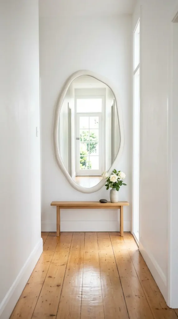 14 Hallway Mirror Ideas Organic Puddle Mirror Console 14 14. Hang the Organic Puddle Mirror in a Light Filled White Hallway for Maximum Reflection