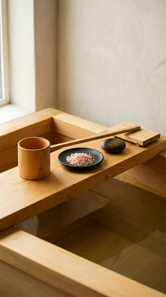 30 Bathroom Plants Decor Japandi Minimal Hinoki Tub Style 14 14. Hinoki Wood Ladle and Bathing Ritual Objects