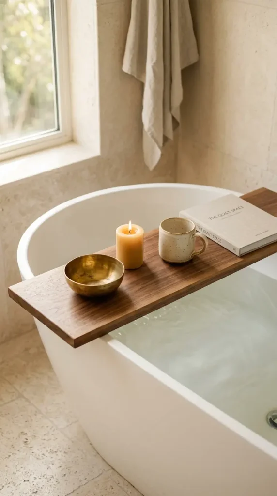 18 Bath Tub Decor Ideas Freestanding Tray Quiet Luxury 14 14. Incorporate a Small Brass or Unlacquered Brass Object as the Metal Accent