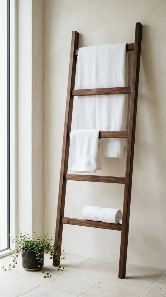24 Modern Bathroom Plant Aesthetic Japandi Bonsai Minimal 14 14. Japandi Bathroom Towel Storage — Dark Timber Ladder
