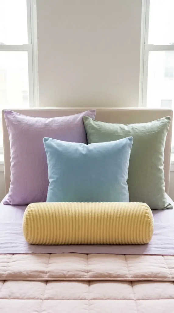 16 Dorm Bedding Ideas Pastel Aesthetic Girls Twin XL 14 14. Layered Pillow Heights for Dimensional Depth