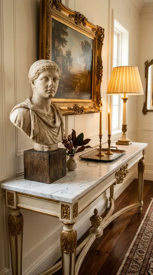 26 Entryway Console Table Ideas Traditional Marble Top 14 14. Marble Top Console With a Sculptural Object as the Hero Piece