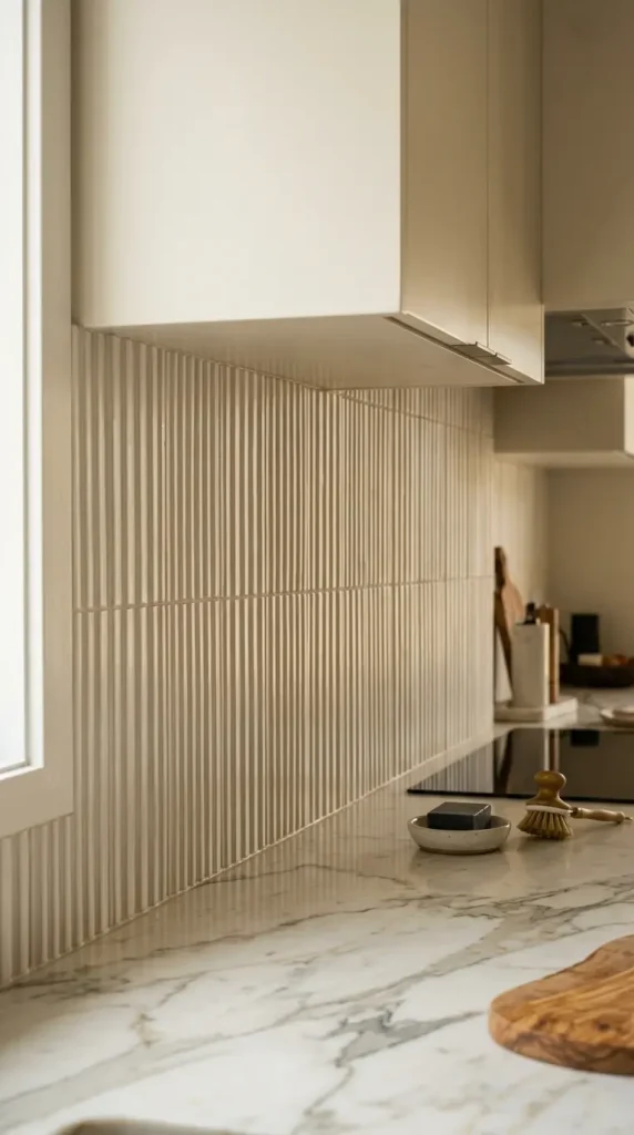 16 Minimalist Luxury Kitchen Sculptural Island Calacatta Stone Brass 14 14. Matte White Fluted Splashback Tile Below Calacatta