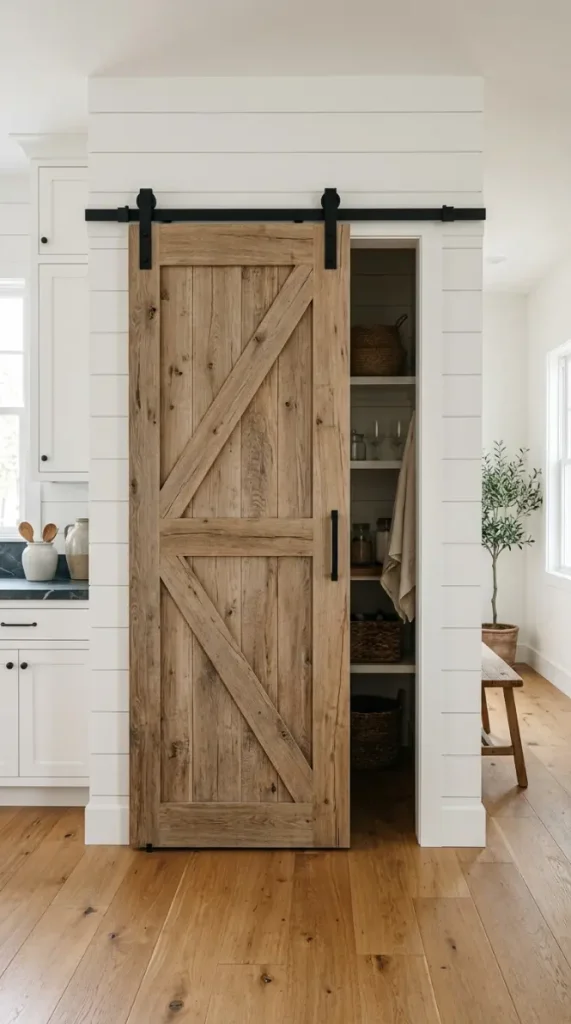 30 Modern Farmhouse Interior Design Seamless Floor Open Plan 14 14. Modern Farmhouse Sliding Barn Door in Open Plan