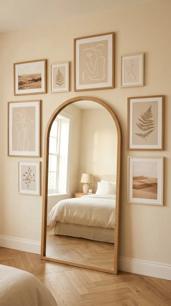 17 Big Mirror in Bedroom Oversized Oak Arch Warm Neutral 14 14. Oak Arch Mirror on a Gallery Wall With Warm Neutral Artwork