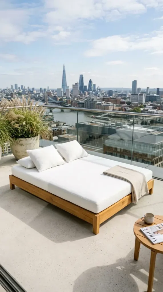 26 Minimal Outdoor Living Space Design for a Rooftop Terrace 14 14. Outdoor Daybed for Rooftop Lounging