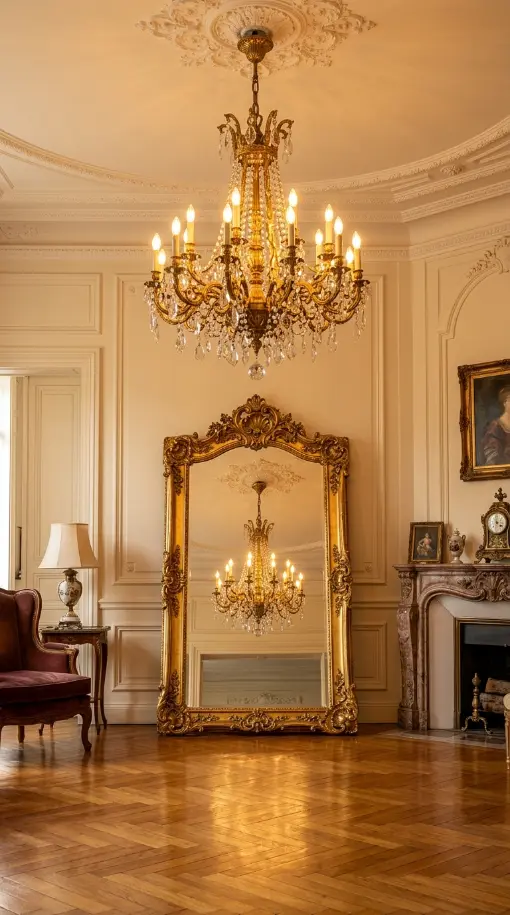 22 Full Length Mirror Living Room Baroque Gold Dramatic 14 14. Paired With an Oversized Chandelier Above
