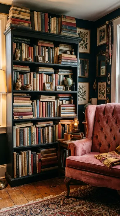 19 Comfy Reading Chair Vintage Pink Velvet Bedroom Maximalist 14 14. Pink Chair Beside an Overflowing Bookcase