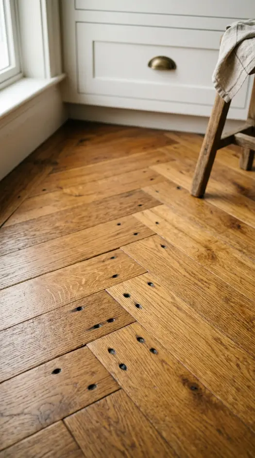 25 Kitchen Flooring Ideas for Farmhouse Herringbone Reclaimed 14 14. Reclaimed Herringbone with Exposed Nail Detailing