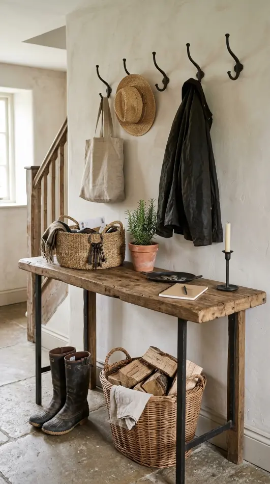 26 Console Table Styling Reclaimed Wood Rustic Farmhouse 14 14. Reclaimed Wood Console in a Hallway With Hooks and Practical Farmhouse Styling
