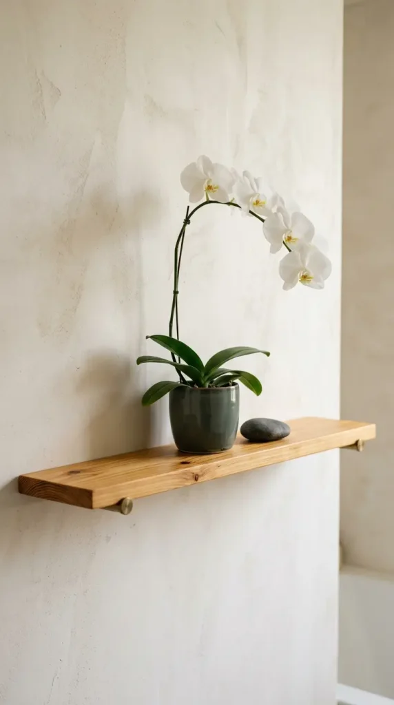 26 Bathroom Shelf Plants Decor Japandi Orchid Minimal 14 14. Slim Wall-Mounted Hinoki Wood Shelf with Orchid