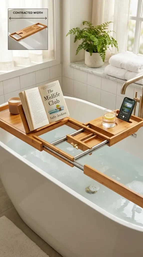 25 Bathtub Tray Ideas Reading Book Lover Cozy Style 14 14. The Adjustable Bamboo Expandable Tray — Fits Any Tub Width