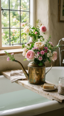 24 Romantic Bathtub Caddy Decor Ideas Garden Cottage Floral 14 14. The Antique Brass Watering Can Vessel — Garden Tool as Vase