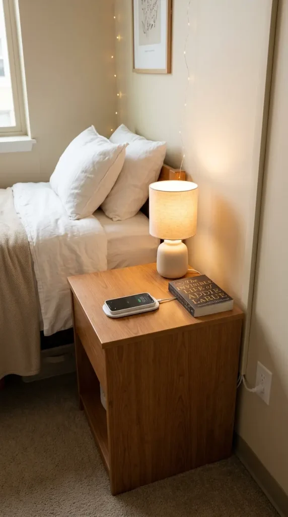 24 Dorm Bedding Ideas Clean White Minimal Luxe Hotel Style 14 14. The Concealed Cord and Charger Management — Invisible Technology Principle