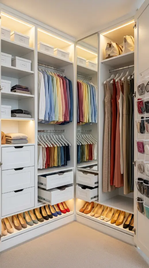 26 Smart Storage Closet Ideas Corner Diagonal Closet 14 14. The Corner Diagonal Bathroom Closet — Towel and Toiletry Tower