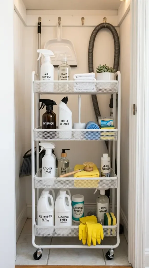 27 Cleaning Closet Organization Tiered Rolling Cart Ideas 14 14. The Four-Tier Rolling Cart — Maximum Capacity Small Footprint