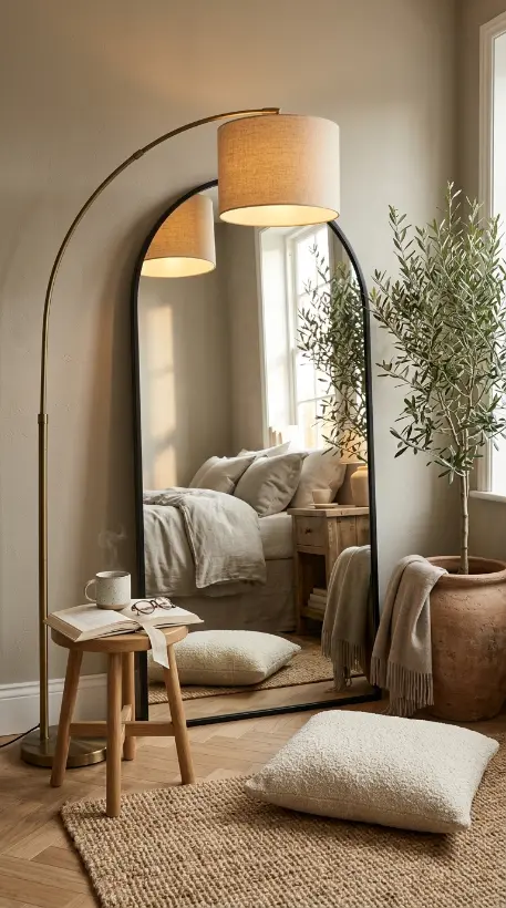 14 Big Mirror in Bedroom Leaning Arch Black Frame Greige 14 14. The Fully Styled Leaning Arch Mirror Morning Routine Vignette